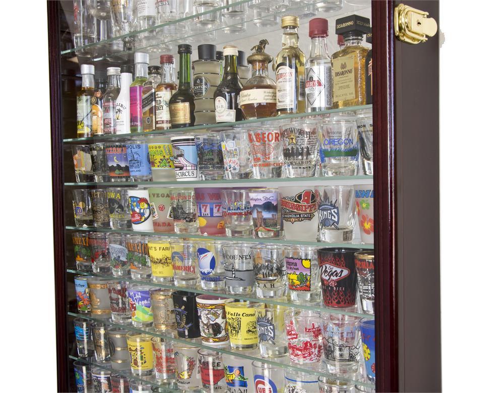 XL Mirror Backed and 11 Glass Shelves Shot Glasses Display Case Cabine